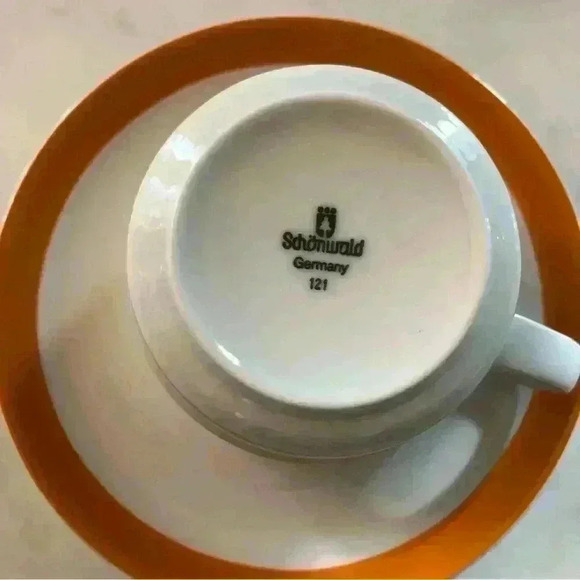 Set of two vintage Schonwald Germany orange and brown stripe  teacups w/saucers - Picture 8 of 10